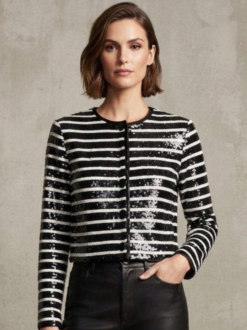 Veronica Beard Black and White Sequin Striped Cropped Jacket Size 4 NWT